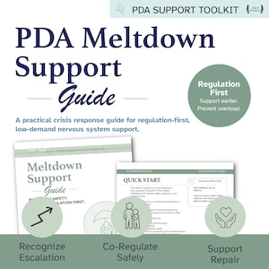 Op de afbeelding: Een gids getiteld "PDA Meltdown Support Guide" met de tekst "Regulation First" in een groene cirkel. De gids is ontworpen voor regulatie-eerste, low-demand ondersteuning van het zenuwstelsel. De afbeelding bevat de zinnen "Recognize Escalation", "Co-Regulate Safely" en "Support Repair".