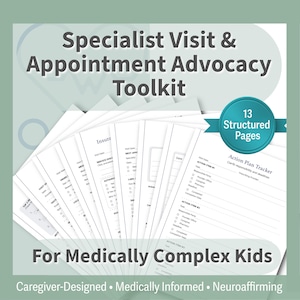 Könnte beinhalten: Ein Toolkit mit dem Titel "Specialist Visit & Appointment Advocacy Toolkit" mit 13 strukturierten Seiten. Das Toolkit ist für medizinisch komplexe Kinder konzipiert. Das Design umfasst ein türkisfarbenes Banner und den Text "Caregiver-Designed, Medically Informed, Neuroaffirming."