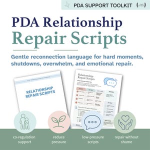 Könnte beinhalten: Bild eines PDA Relationship Repair Scripts-Toolkits. Das Bild zeigt zwei Dokumente mit dem Titel "Relationship Repair Scripts". Der Text enthält "Gentle reconnection language for hard moments, shutdowns, overwhelm, and emotional repair." Es gibt auch vier kreisförmige Symbole mit Text.