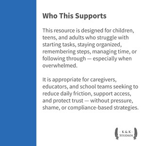 Pu&ograve; includere: Grafica blu e bianca con il testo "Who This Supports". Il testo descrive una risorsa per bambini, adolescenti e adulti che lottano con compiti, organizzazione, gestione del tempo e sopraffazione. &Egrave; appropriato per caregiver ed educatori.