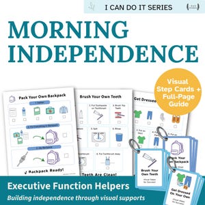 May include: A set of educational materials titled Morning Independence from the I Can Do It Series, featuring full-page guides and visual step cards on metal rings. The documents include illustrated checklists for packing a backpack, brushing teeth, and getting dressed.