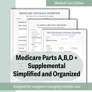 May include: A stack of white paper forms with black text, including "Medicare Coverage Overview," "Claims & Billing Tracker," and "Out-of-Pocket Expense Tracker." The forms are designed for tracking medical expenses and coverage. Text on the image reads "Medicare Parts A, B, D + Supplemental Simplified and Organized."