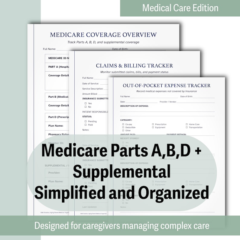 May include: A stack of white paper forms with black text, including "Medicare Coverage Overview," "Claims & Billing Tracker," and "Out-of-Pocket Expense Tracker." The forms are designed for tracking medical expenses and coverage. Text on the image reads "Medicare Parts A, B, D + Supplemental Simplified and Organized."