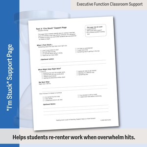 Pu&ograve; includere: Una pagina di supporto "Sono bloccato" bianca, progettata per l'uso in classe, con liste di controllo e suggerimenti per aiutare gli studenti a gestire l'eccessivo carico di lavoro. La pagina include sezioni per identificare i sentimenti, i passaggi successivi e le note opzionali.