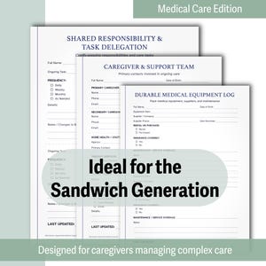 May include: A stack of three white paper forms with black text. The forms include sections for shared responsibility, caregiver support, and durable medical equipment logs. The text "Ideal for the Sandwich Generation" is overlaid on the forms. The top of the image reads "Medical Care Edition".