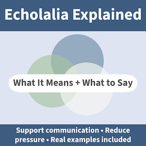 May include: An informational graphic with the title "Echolalia Explained" in white text on a dark blue background. The graphic includes overlapping circles in blue, green, and white, with the text "What It Means + What to Say." Below, it states "Support communication • Reduce pressure • Real examples included."