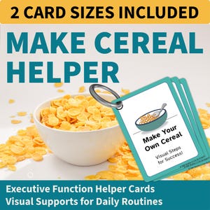 Könnte beinhalten: Ein Set von Anleitungskarten an einem Metallring mit dem Titel Make Cereal Helper und dem Text Make Your Own Cereal Visual Steps for Success. Die Karten zeigen eine Schüssel mit Müsli und liegen neben einer weißen Schüssel mit Cornflakes.
