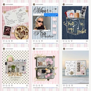 Peut inclure: Une collection de six modèles numériques pour réseaux sociaux présentant diverses mises en page esthétiques. Les designs incluent des listes manuscrites, des collages d'objets comme des appareils photo et des carnets, des superpositions de texte comme 'Meet the creator' et 'What's in my pocket', ainsi que des éléments décoratifs comme des étoiles, des dossiers et des pois.