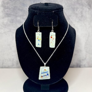 Fused Glass multicolored pendant & earrings, a splash of paint handmade set. Bracelet not featured is also available in a universal fit.
