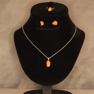 Peut inclure: Un ensemble de bijoux présenté sur un buste en velours noir. L'ensemble comprend un collier avec un pendentif, une bague et des boucles d'oreilles. Chaque pièce présente un design orange et noir, sur une chaîne et une bague en argent.