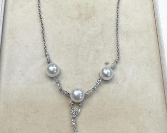 14K White Gold Diamond and Pearl Y Necklace