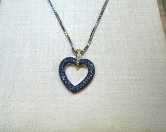 14K White Gold Blue Sapphire and Diamond Heart Pendant Necklace