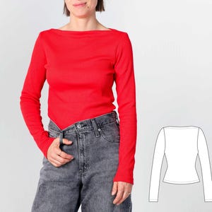 Peut inclure: Un haut rouge vif à manches longues avec une large encolure bateau et une coupe ajustée. Le haut est porté avec un jean en denim gris foncé. Une illustration au trait noir et blanc du haut est affichée dans le coin inférieur droit.