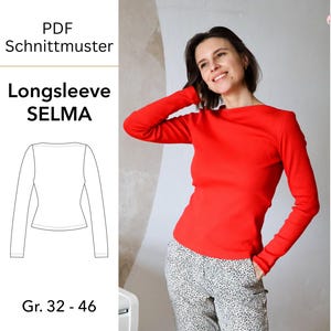 Könnte beinhalten: Eine Frau trägt ein rotes Langarmshirt und eine gemusterte Hose. Das Bild zeigt eine Strichzeichnung eines Langarmshirt-Schnittmusters mit dem Text "PDF Schnittmuster" und "Longsleeve SELMA" und der Größe "Gr. 32 - 46".