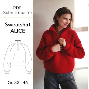 Könnte beinhalten: Ein rotes Sweatshirt mit hohem Kragen und Reißverschluss, wie auf einem Foto zu sehen. Das Bild enthält auch eine Strichzeichnung des Sweatshirts und den Text "Sweatshirt ALICE" und "Gr. 32 - 46". Der Markenname "shrimp cuts" befindet sich in der oberen rechten Ecke.