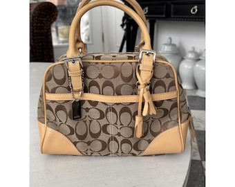 Vintage COACH Signature Canvas Leather Handbag Light Brown Medium Authentic