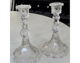 Set of Vtg American Brilliant Cut Glass Candlestick Zipper Cut W/ Hollow Stem 7"
