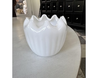Milk Glass Vase with Ruffled edge and ribbed sides