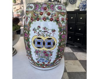 Antique Canton Famille Rose Garden Stool -Hand Painted China Beautiful Condition