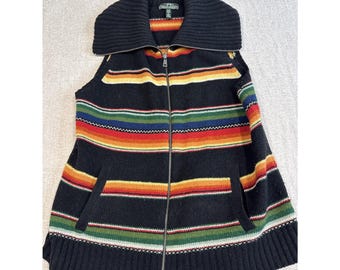 VTG Lauren Ralph Lauren Active Wool Blend Blk Multicolor Striped Zipper Vest XL