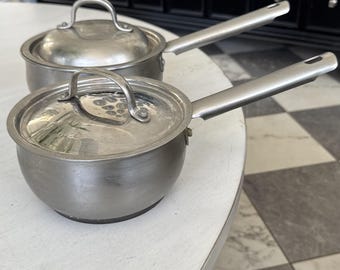 Ensemble de 2 casseroles VTG Retro Revere, 1,5 pte et 2 ptes, fond cuivre avec couvercles