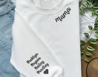 Custom Embroidered Mama Sweatshirt With Kids Names On Sleeve,Personalized Mom Embroidery Pullover, Christmas Gift For Mom,Mama Birthday Gift