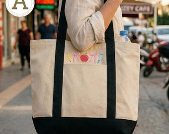 Embroidered Personalized Teacher Icons Canvas Tote Bag, Teacher Appreciation Shoulder Gift Bags