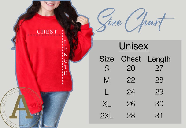 May include: A red unisex sweatshirt with a size chart. The chart lists chest and length measurements in inches for sizes S to 2XL. The sweatshirt has the word "CHEST" and "LENGTH" marked on it.