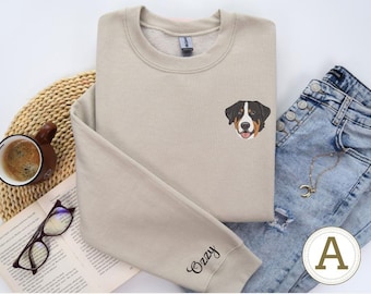 Custom Pet Portrait Embroidered Sweatshirt,Personalized Pet Name On Sleeve Hoodie,Dog Mom Dad Gift,Custom Photo Pet Lover Crewneck Sweater