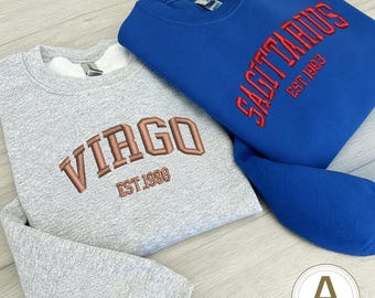 Custom Embroidery Astrology Sweatshirt, Embroidered Zodiac Sweater, Capricorn Taurus Leo Cancer Virgo Aries Aquarius Pisces Ares