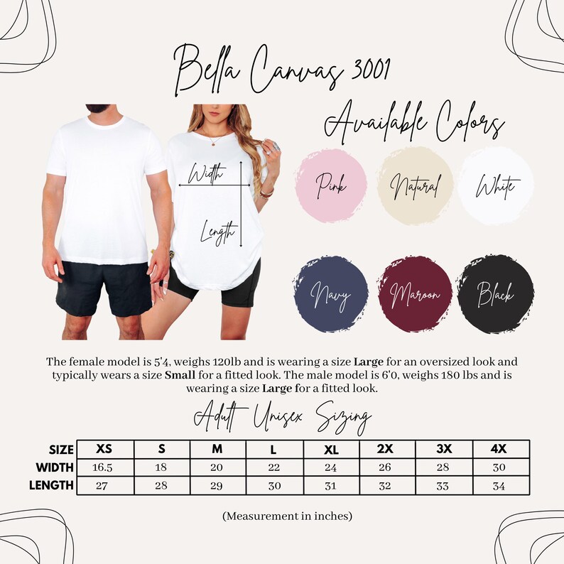 May include: Image of a Bella Canvas 3001 t-shirt with available colors: pink, natural, white, navy, maroon, and black. The image includes a size chart with measurements in inches for adult unisex sizing.