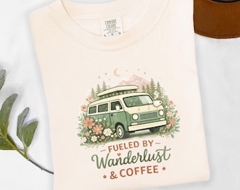 Fueled By Wanderlust And Coffee Shirt, Van Life Women Tee, Boho Camper T-Shirt, Road Trip Gift for Her, Floral Van Life Shirt