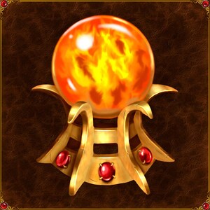 Peut inclure: Illustration numérique d'un orbe orange brillant avec des flammes à l'intérieur, reposant sur un support doré. Le support a des supports incurvés et est orné de bijoux rouges. Le fond est une surface brun foncé texturée.