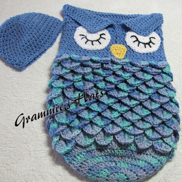 Blue owl baby cocoon and beanie