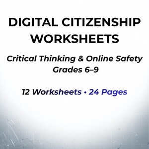 Può includere: Fogli di lavoro sulla cittadinanza digitale per le classi 6-9, incentrati sul pensiero critico e la sicurezza online. L'immagine mostra il titolo, con il testo "12 fogli di lavoro • 24 pagine" in blu, su sfondo grigio chiaro.