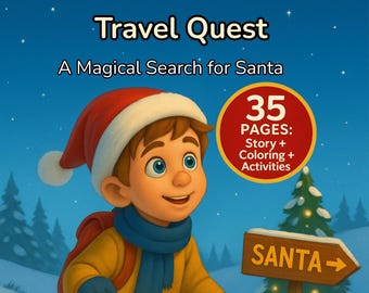 Op de afbeelding: Kinderboekcover met de titel "Max's Christmas Time Travel Quest" en de ondertitel "A Magical Search for Santa". De cover toont een stripfiguur van een jongen met een kerstmuts, een bord dat naar de kerstman wijst en een cirkel met "35 PAGES: Story + Coloring + Activities."