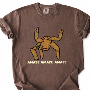 May include: A brown short-sleeve t-shirt featuring a graphic of a tan, multi-legged creature with green accents making peace signs with its top limbs. The text "AMAZE AMAZE AMAZE" is printed in light yellow capital letters below the creature graphic.