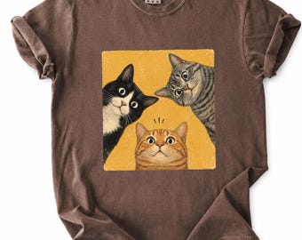 Comfort Color Cute Cat Shirt for Women,Funny Cat Graphic Tee,Three Curious Cats Vintage T-Shirt,Cat Lover Gift,Pet Mom Shirt