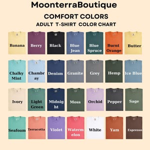 May include: A color chart for adult t-shirts by MoonterraBoutique featuring 28 distinct fabric swatches labeled with names like Banana, Berry, Black, Blue Jean, Blue Spruce, Burnt Orange, Butter, Chalky Mint, Chambray, Denim, Granite, Grey, Hemp, Ice Blue, Ivory, Light Green, Midnight, Moss, Orchid, Pepper, Sage, Seafoam, Terracotta, Violet, Watermelon, White, Yam, and Espresso.