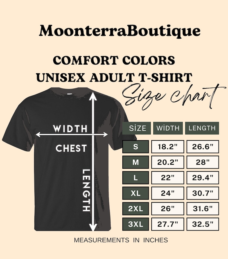 May include: A black t-shirt size chart from MoonterraBoutique. The graphic shows a black t-shirt with white arrows indicating width and length. A table lists sizes S through 3XL with corresponding width and length measurements in inches.