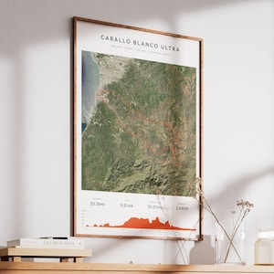 May include: A framed print titled "CABALLO BLANCO ULTRA" featuring a detailed map with red lines. The print includes distance, time, and elevation data, with a red graph at the bottom. The frame is a warm brown color.