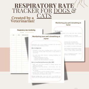 Peut inclure: Un suivi imprimable de la fréquence respiratoire pour chiens et chats, créé par un vétérinaire. La conception comprend un tableau de suivi et des pages d'informations sur la respiration des animaux, avec le texte "Printable | Instant download".