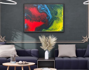 Fire and Flow – handgemaltes Original auf Leinwand | Acryl Pour in Rot, Blau & Gelb | Abstrake Kunst | Orginal 50cm x 70cm