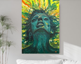 Awakening – Expressionist acrylic painting on canvas, in green, yellow & turquoise | Hand-painted original 1m x 1.40m | Powerful portrait