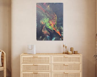 Abstraktes Acrylgemälde "Cosmic Smoke" – Grün & Rot in Fluid-Art auf schwarzer Leinwand 50x70cm, Unikat