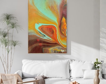Acryl Pouring Bild "Amber Flow" – Türkis, Orange & Braun, originales abstraktes Kunstwerk auf Leinwand 50x70cm