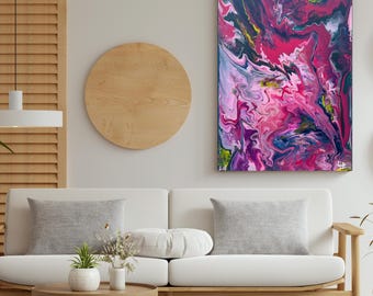 Abstraktes Acryl-Pouring Bild in Pink, Lila & Blau – "Pink Storm", handgemaltes Unikat auf Leinwand 50x70cm
