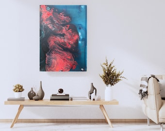 Modernes Acrylbild in Rot & Blau – "Fire Under Water", abstrakte Kunst auf Leinwand 50x70cm Unikat