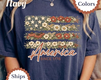 Comfort colors retro flower USA flag shirt vintage America flag floral USA America 250 4th of July shirt patriotic gift girly 4th of July