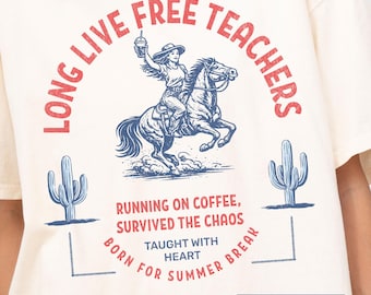 Camiseta divertida para el último día de clases para maestros, camisas estilo western para maestros, camiseta de café helado, camiseta divertida de fin de año para maestros estilo western, maestro de café